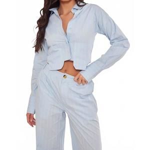 NEW PRETTYLITTLETHING poplin pinstripe pocket detail cropped shirt in blue